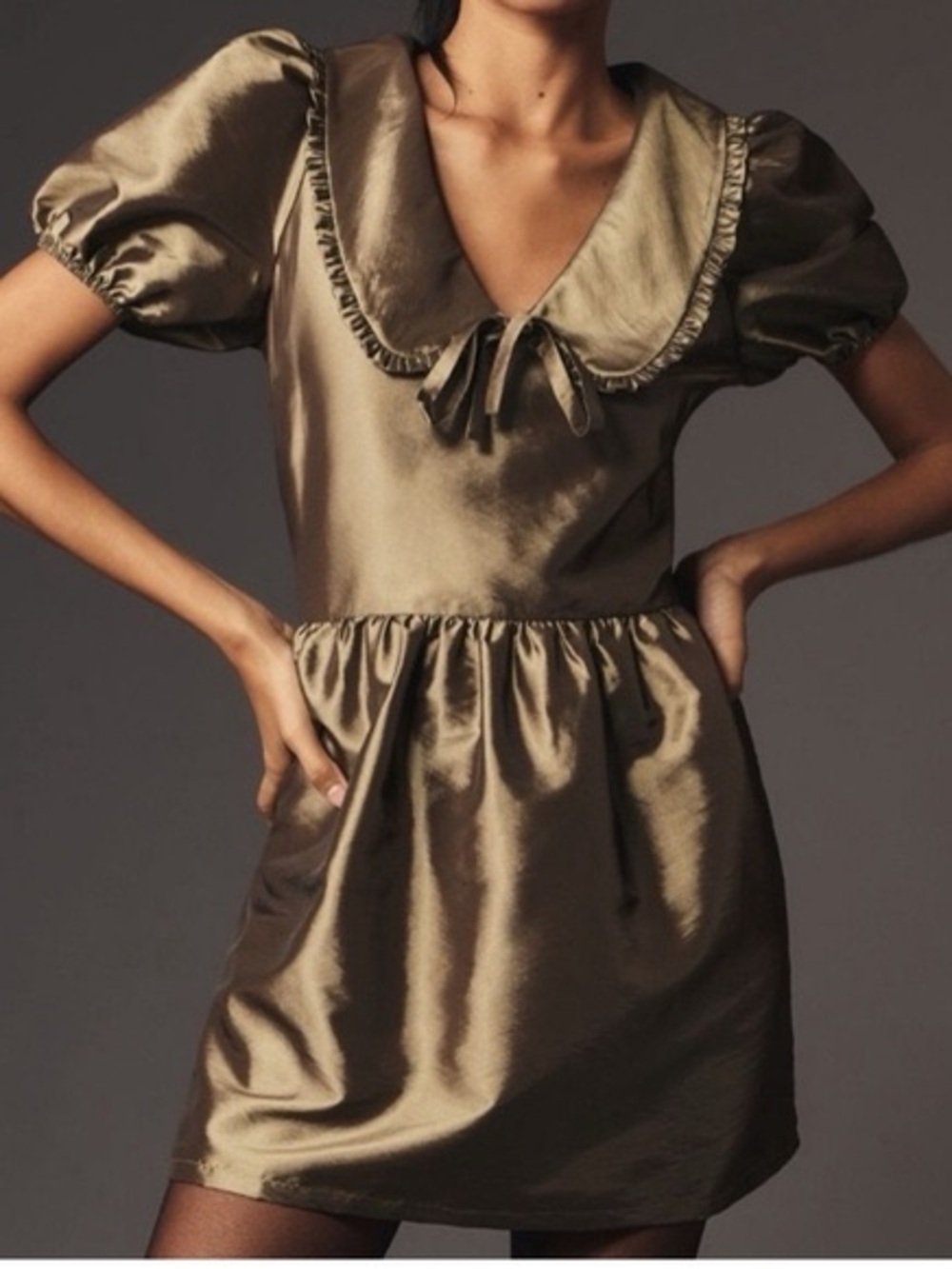 Anthropologie Olive Satin Puff-Sleeve Mini Dress with Ruffled Peter Pan Collar